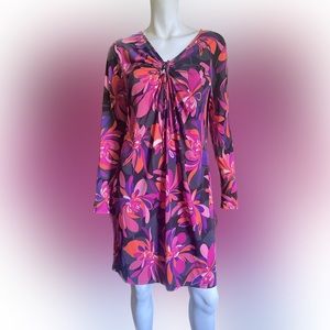 Trina Turk floral psychedelic Pop Art big flowers shift, long sleeve dress